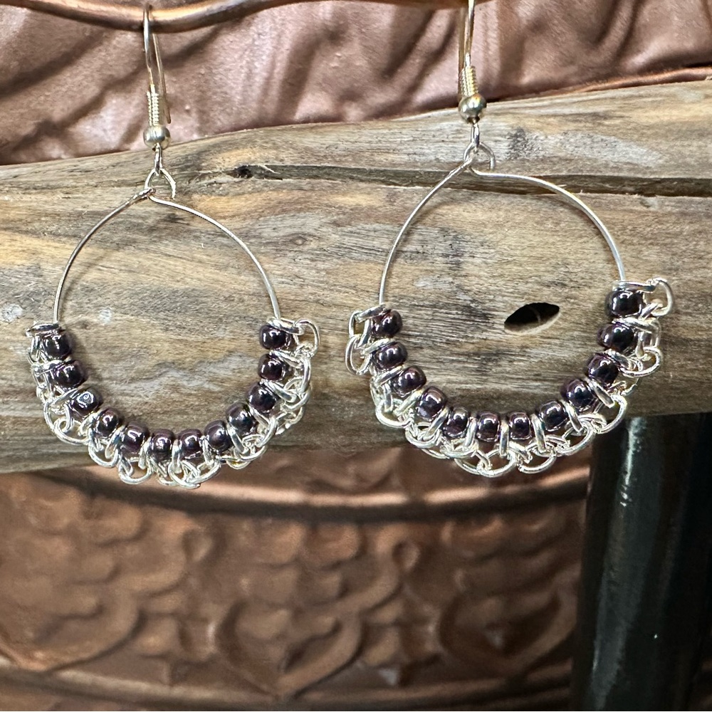 Silver and Dark Purple Vintage Hoop Earrings with Decorative Pattern - Handmade